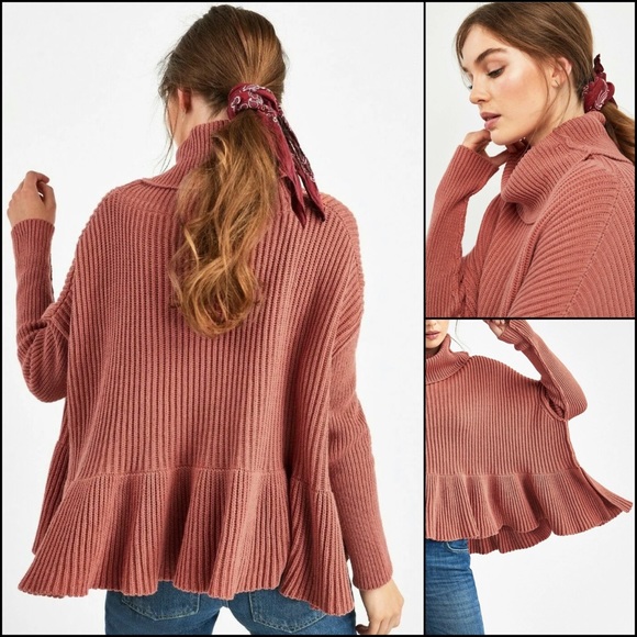 Free People Dusty Pink Ribbed Knit Ruffle Peplum Cowl Neck Turtleneck Sweater - Picture 2 of 8